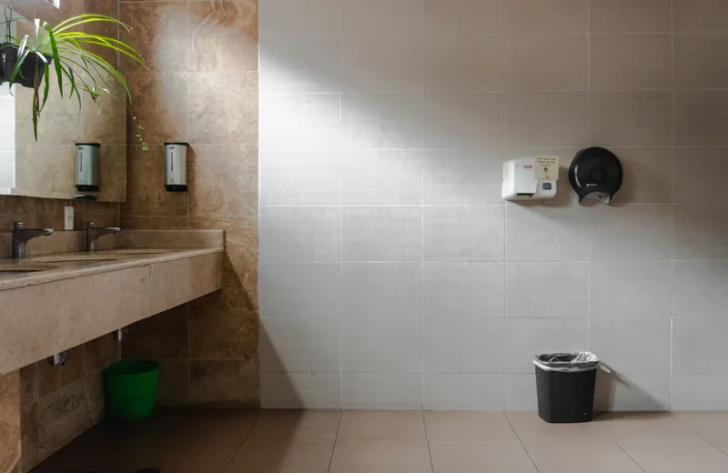 Commercial restroom sinks and fixtures inspected for supply line leaks