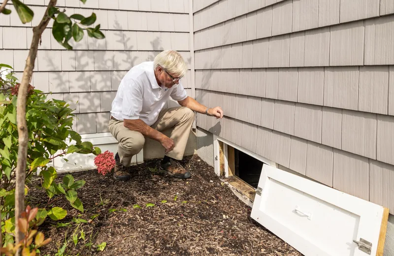Technician inspecting a home crawlspace access for plumbing leaks