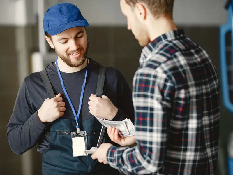 Licensed plumber wearing an ID badge talking with a homeowner