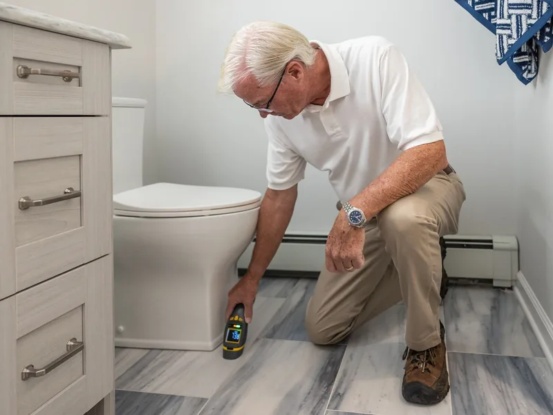 Technician checking the floor with a moisture meter before opening anything