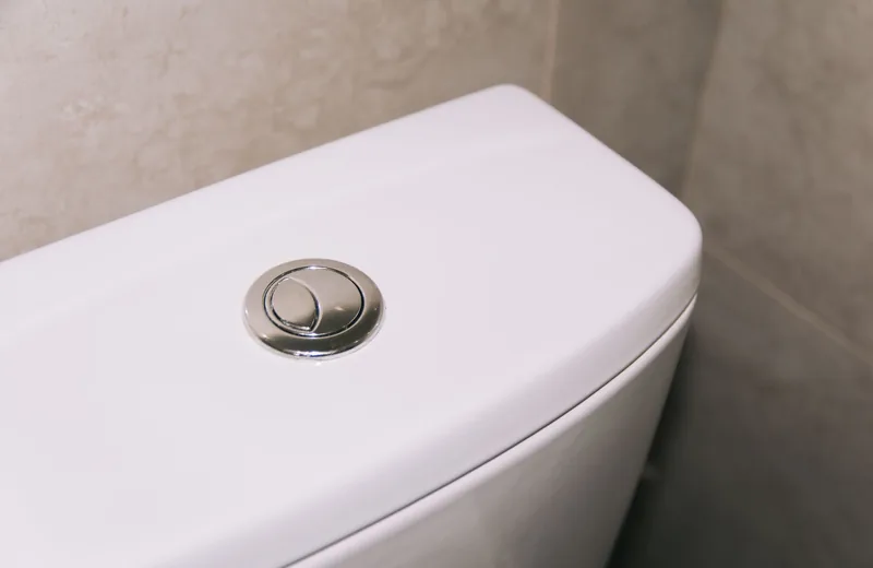 Toilet tank with dual flush button checked for a running leak