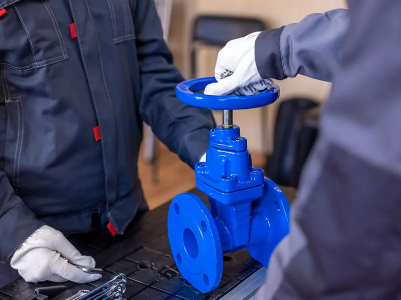 Gloved hand turning a main water shutoff valve to stop an active leak